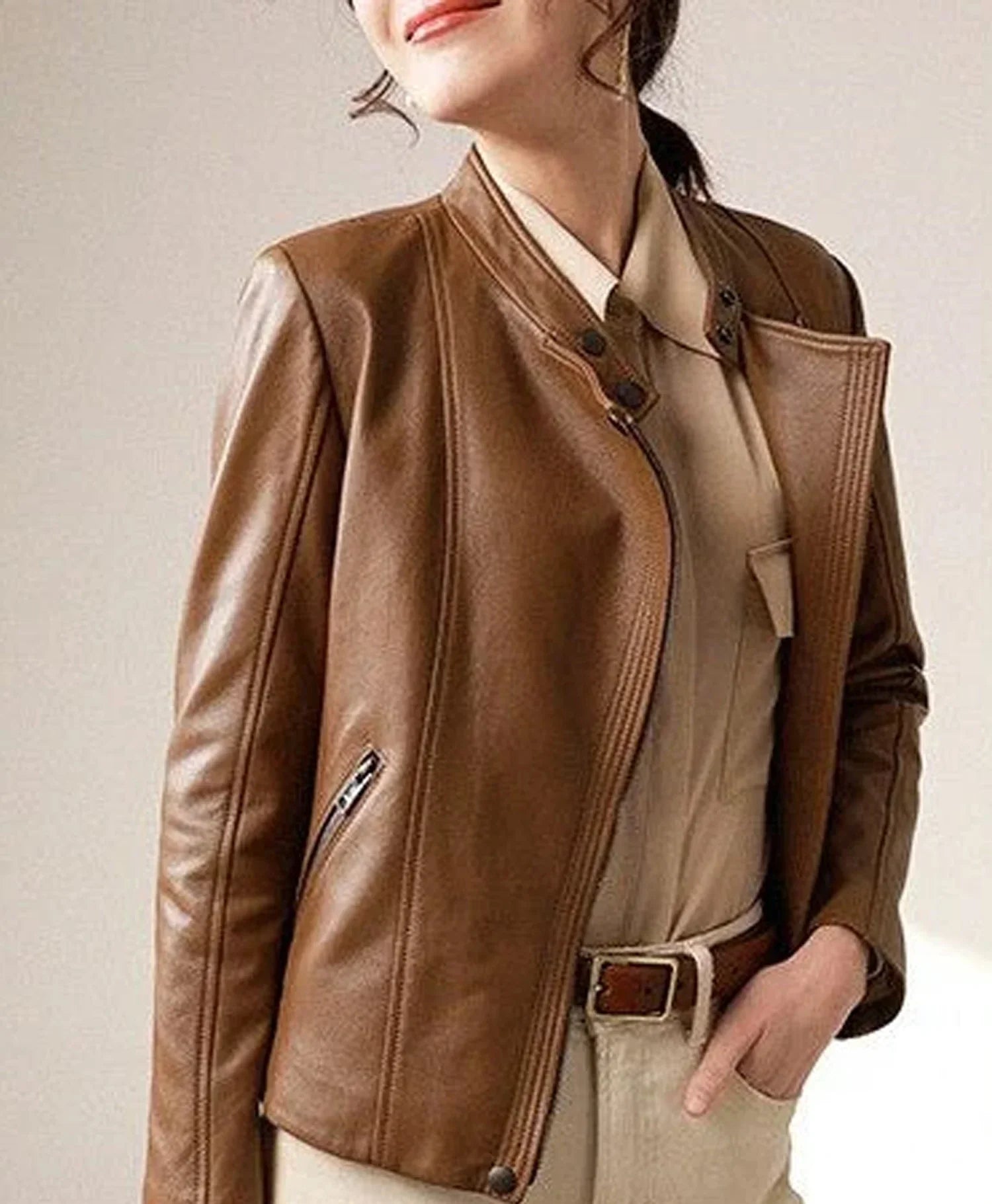 Casual Brown Leather Jacket for Women