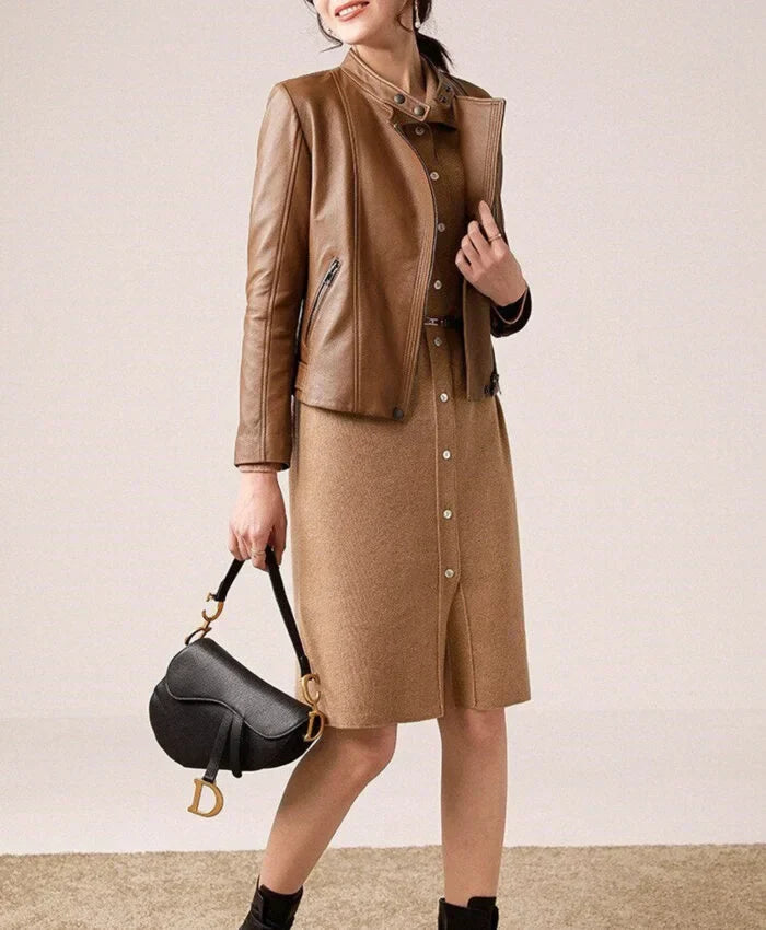 Casual Brown Leather Jacket for Women
