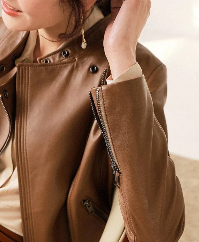 Casual Brown Leather Jacket for Women