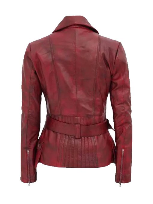 Womens Distressed Maroon Biker Jacket