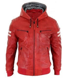 Men’s Bomber Red Leather Biker Hooded Jacket