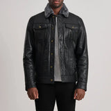 Dallis Black Leather Shearling Trucker Jacket