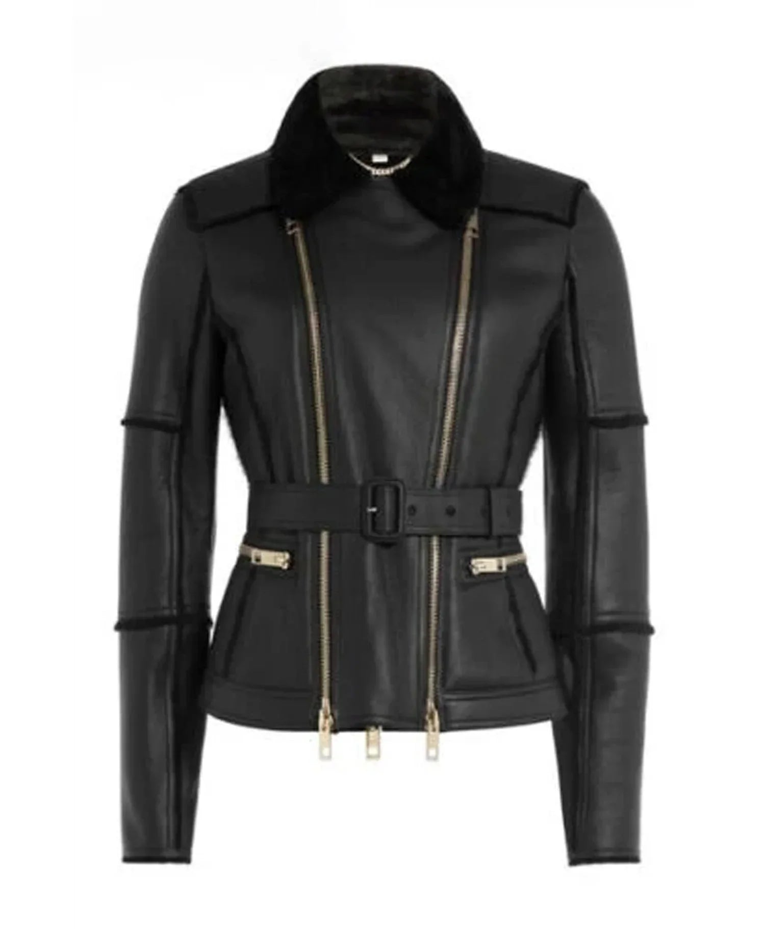 New Stylish Genuine Leather and Genuine Shearling Biker Moto Jacket Black