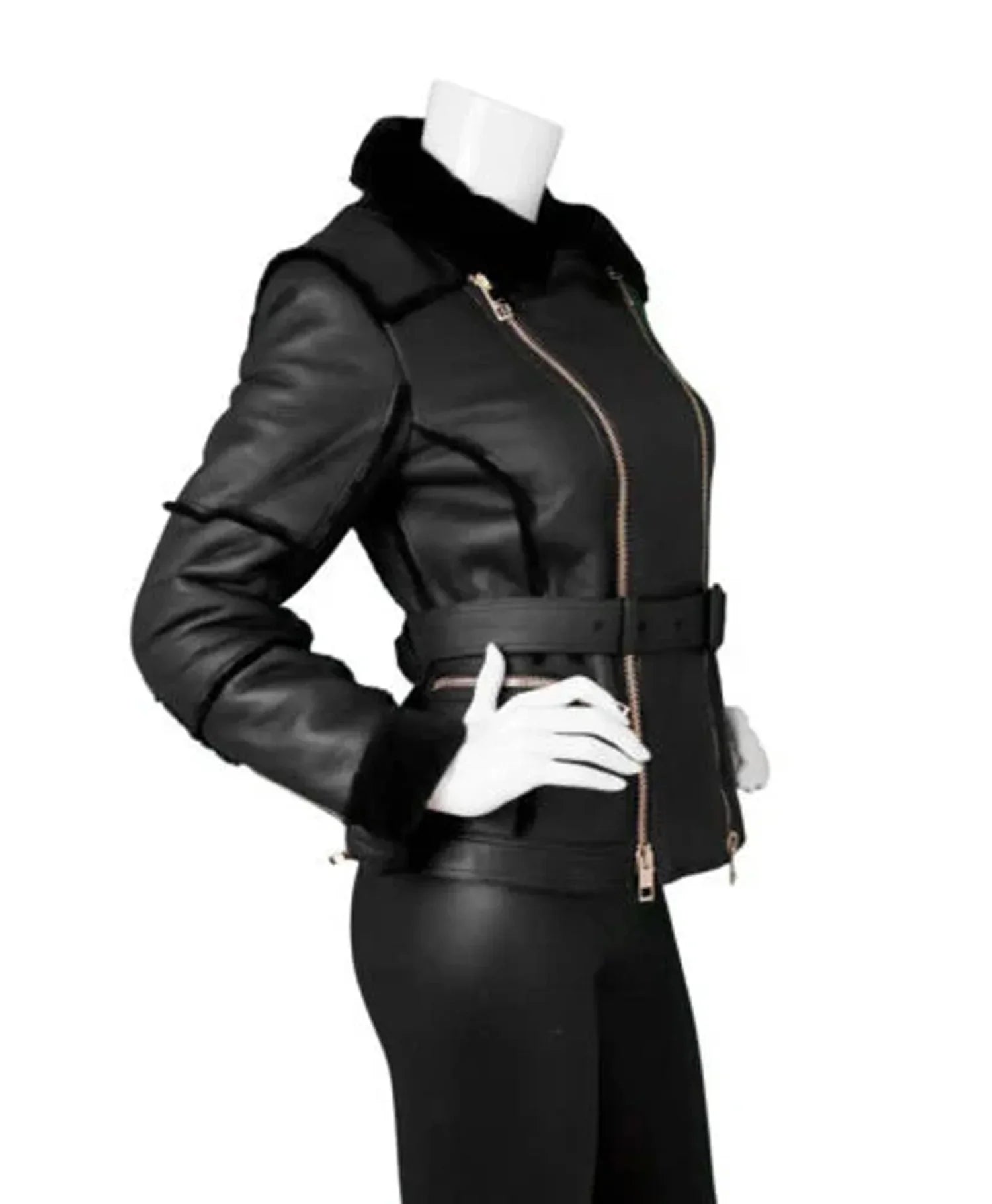 New Stylish Genuine Leather and Genuine Shearling Biker Moto Jacket Black