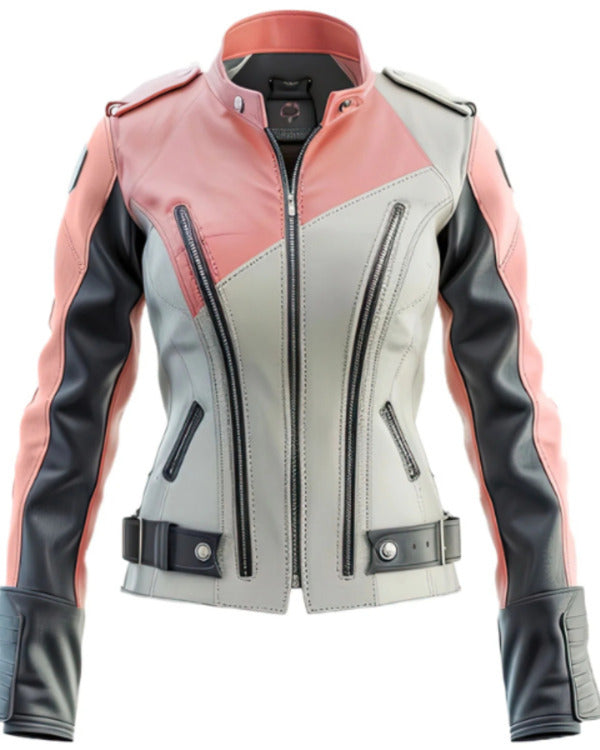 Women’s Ash Grey Pink Leather Bikers Jacket