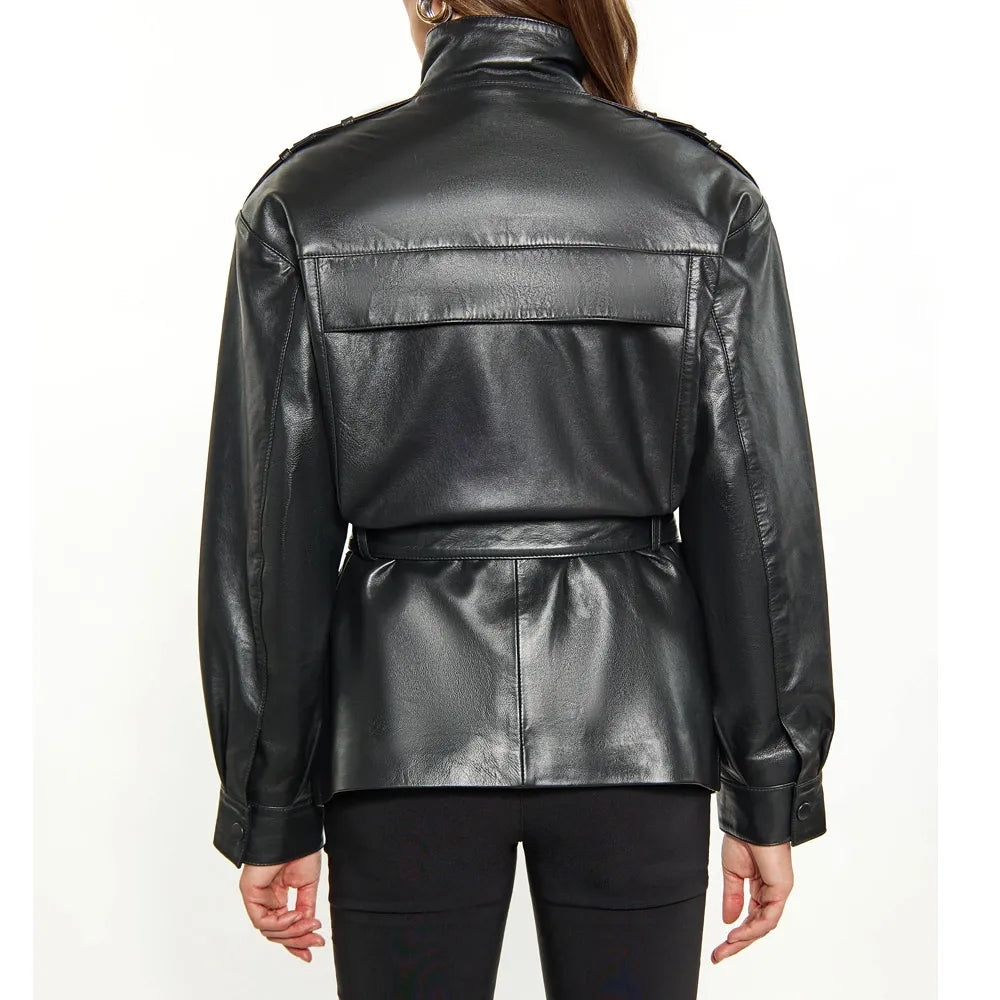 Women’s Red Long Belted Leather Jacket