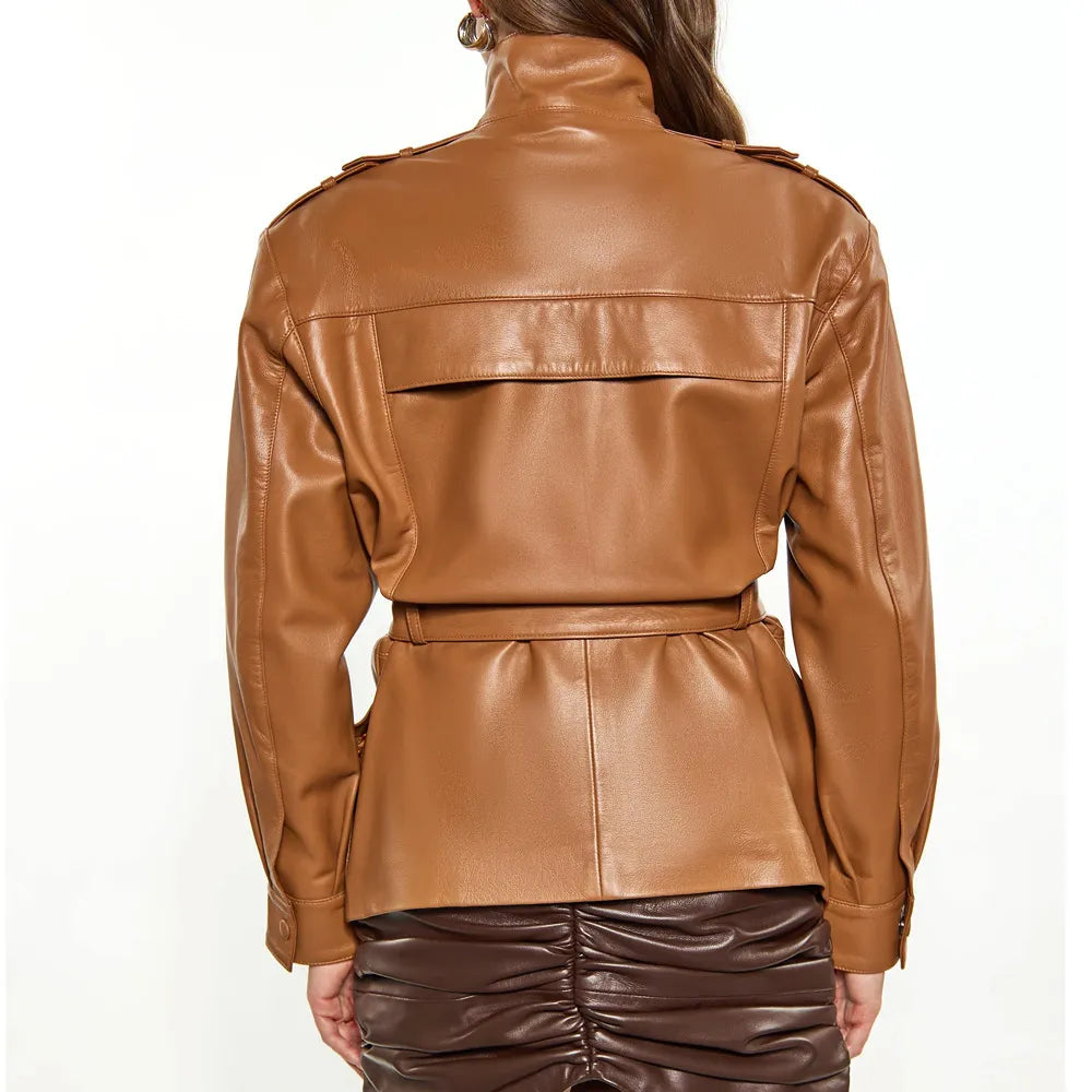 Women’s Red Long Belted Leather Jacket
