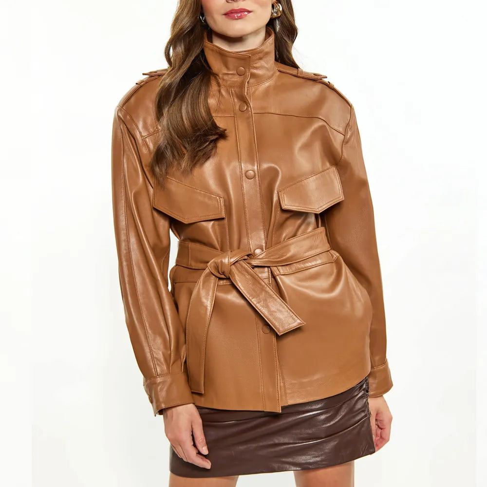 Women’s Red Long Belted Leather Jacket