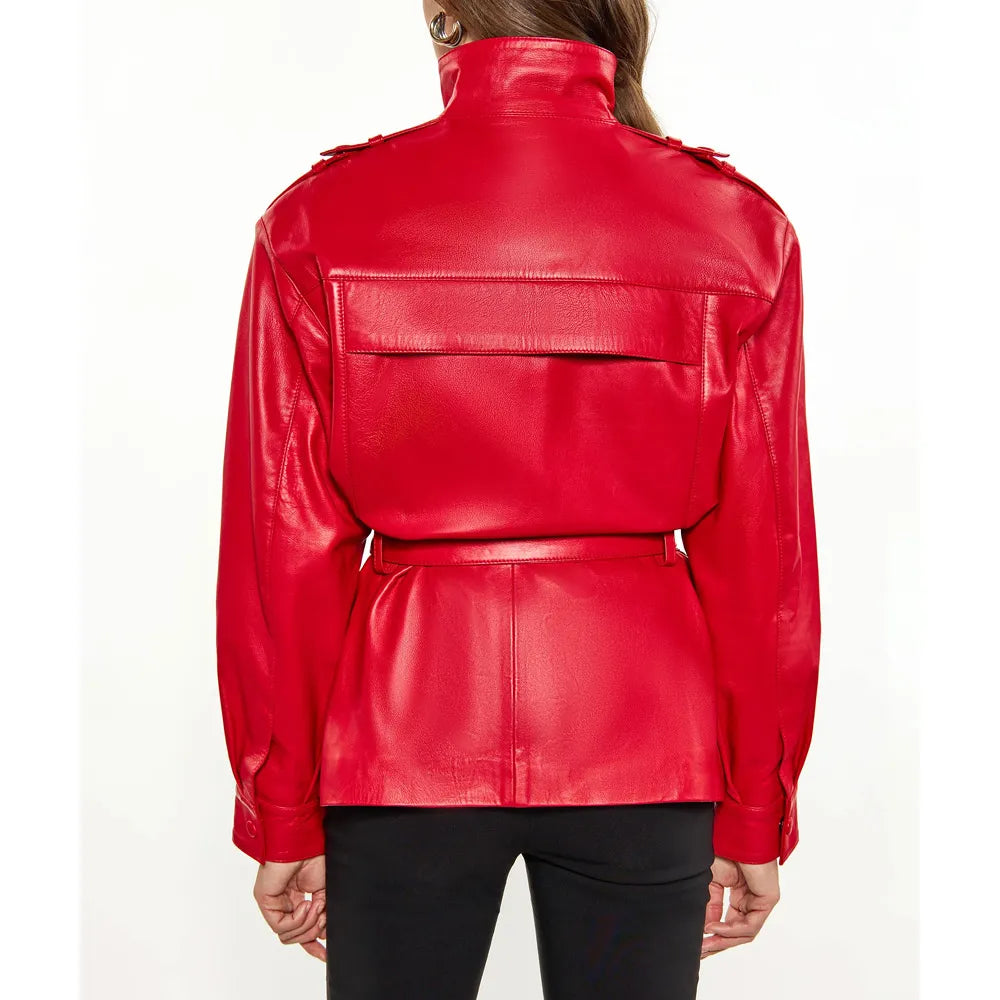 Women’s Red Long Belted Leather Jacket