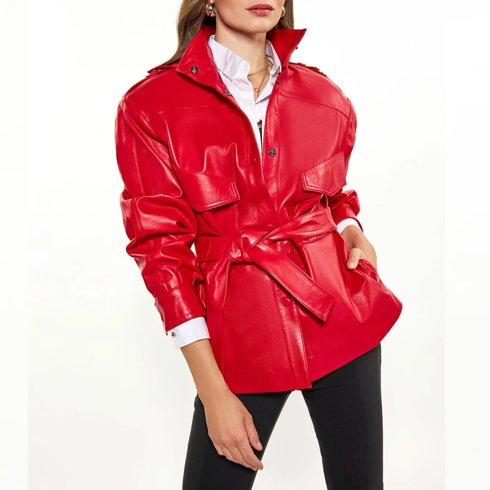 Women’s Red Long Belted Leather Jacket